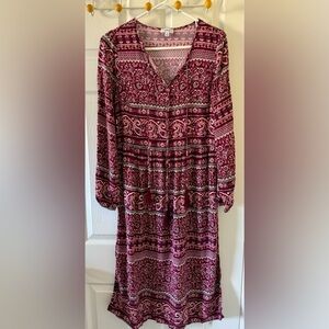 Luxology Women's Boho Floral Long Sleeve Tassel Maroon Midi Dress Sz M